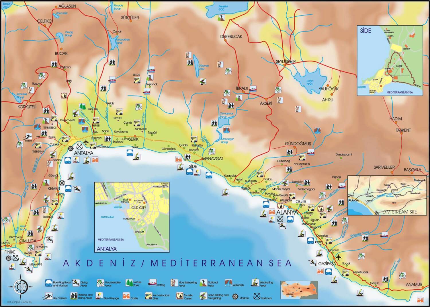 carte des environs d'Antalya en Turquie